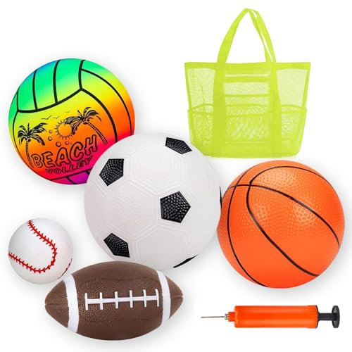 Toddler Ball Set – 5PCS Inflatable Ball for Toddlers 1-3 with Storage Bag & Pump, Soft Baby Ball Set Including Soccer, Basketball, Football, Baseball & Volleyball, Indoor Outdoor Sports Play Toys