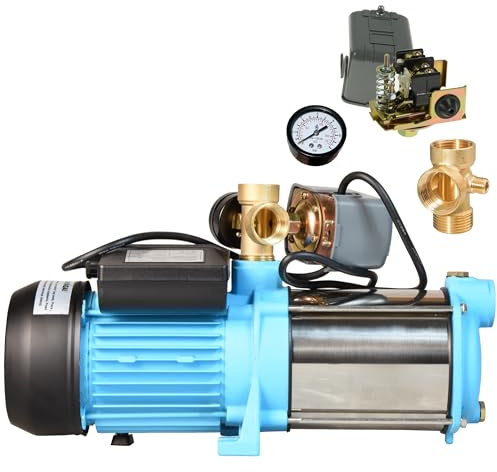 Wasserpumpe MAX-H 1300 - Gartenpumpe (1300 W, 6000 l/h, Förderhöhe 55m) - Gußeisen Edelstahl INOX - mit Manometer Druckschalter 5-Wege Verteiler - Hauswasserwerk für Brauchwasserversorgung Bewässerung