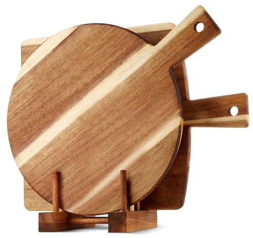 2 Pack Acacia Wood Cutting Board with Stand, Charcuterie Boards for Kitchen, Round & Rectangular Wooden Cutting Board Set for Cheese, Meat, Pizza, Vegetables, Bread(16 x 12 Inch)