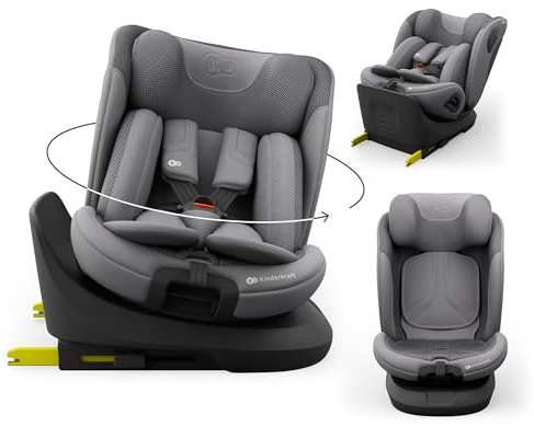 Kinderkraft I-GROW 2 PRO Kindersitz 0-36 kg, I-SIZE 40-150 cm, 360 grad drehbar, Kinderautositz mit Isofix station, FWF und RWF, Verstellbare Kopfstütze/Rückenlehne mit Liegeposition, Grau