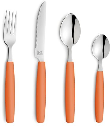 Beckmann & Rommerskirchen VALOA Besteck Set 4 Personen, 16-tlg., Orange | Essbesteck, Menümesser, Menügabeln, Menülöffel, Kaffeelöffel, spülmaschinenfest, hochglanzpoliert, runde Griffe