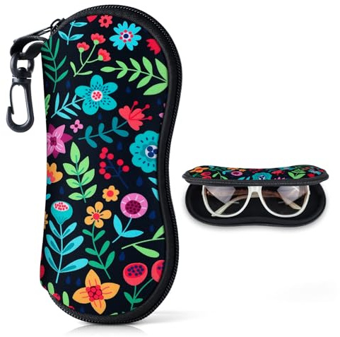Etui Lunettes Étui a Lunette Souple en Néoprène pour Femmes&Enfant&Fille Portelunettes de Protection Rangement Lunettes de Soleil avec Fermeture Eclair étui à Lunettes avec Mousqueton (Fleurs-Noir)