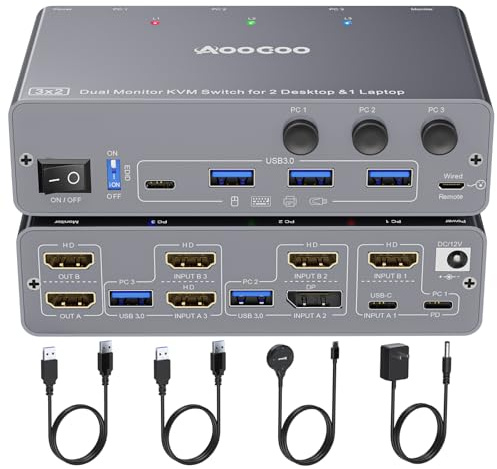 USB C KVM Switch 4K60Hz,Dual Monitor USB C HDMI DP KVM Switch for 2 PC and 1 Laptop Sharing 2 Monitor and 4 USB3.0 Devices, 100W PD for Laptop, Wired Remote Control and USB Cables Included