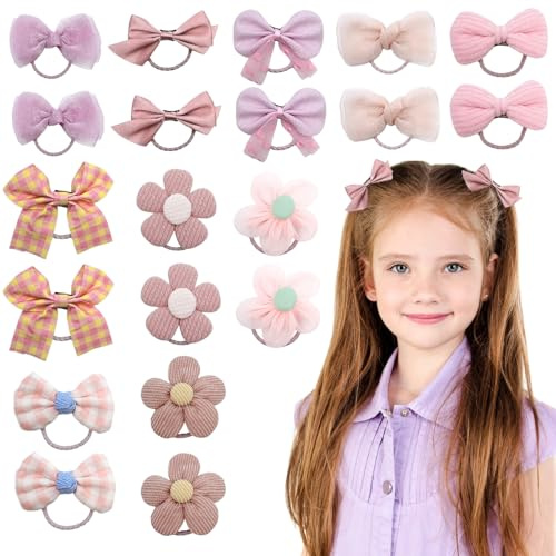 LUFFLOK 20 Pezzi Elastici Capelli Bambina e Donna Rosa, 10 Fasce per Capelli di Stile per Bambine e Bambina, Elastici per Capelli Senza Danni, Codini e Accessori per Capelli (Rosa)