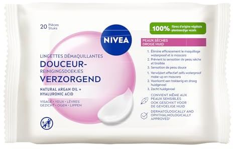 NIVEA - Lingettes Démaquillantes Douceur - Efficacité Waterproof - Visage, Yeux, Lèvres - Acide Hyaluronique & Huile d'Argan naturelle - Fibres D'Origine Végétale - Peaux Sèches - x 40 pièces