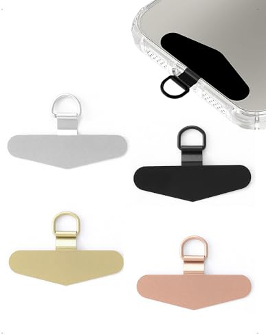 HEOXIN 4 Pezzi Patch per Cordino Cellulare in Metallo, Universale Placca per Laccio Telefono Senza Adesivo, Ultra Sottile Linguetta Attacco in Acciaio Inox, Argento/Nero/Rosa Oro/Oro