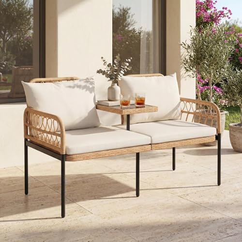 GIANTEX 2-Sitzer Gartenbank mit integriertem Glastisch aus Polyrattan | Wetterfeste Sitzgarnitur mit weichen Kissen, belastbar bis 300 kg, für Terrasse, Garten & Veranda, 137 x 64,5 x 84 cm