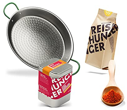 Reishunger Paella Pfannen Set (8 Personen) mit Pfanne (Paellera), originalem Paella Reis, Paella Reis Gewürz und Gemüsebrühe - Auch für 4 und 16 Personen verfügbar - Ideal als Geschenk