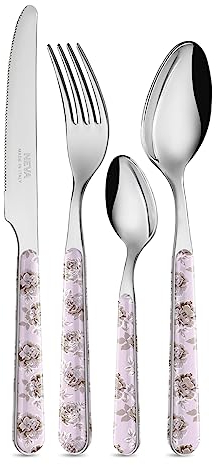 NÉVA | BISTROT Roses Rétro Collection, Set de 24 Couverts, Couverts en Acier Inoxydable, Passe au Lave-Vaisselle, Décoration Indélébile, Lilas
