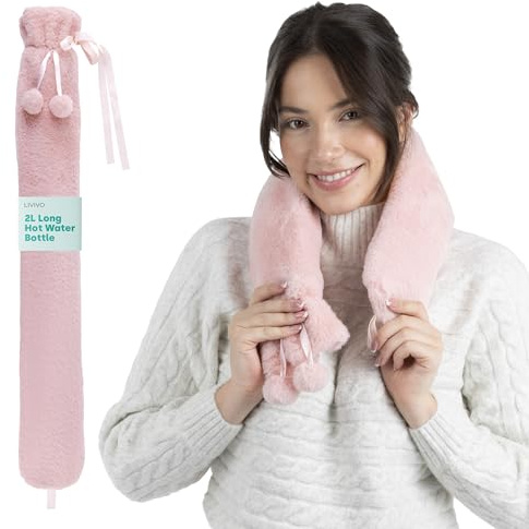 LIVIVO 2L Extra Long Hot Water Bottle with Cover UK - Large Hot Water Bottles for Adults Winter Warmth & Stress Relief - Warm Hot Water Bag, Removable Weave Cover, Leakproof Screw Cap - Pink