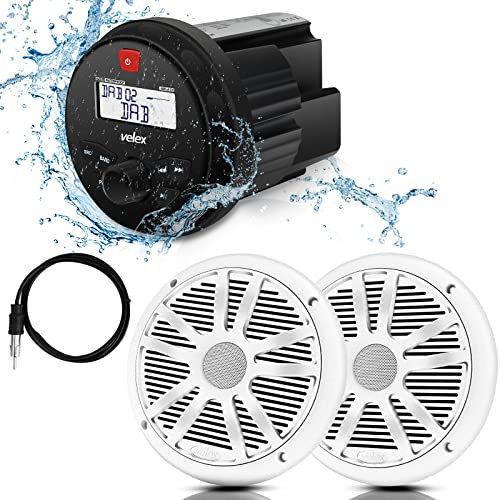 velex Récepteur stéréo étanche Bluetooth Marine Composants de Haut-Parleur avec Lecteur MP3 sur Radio Dab+/AM/FM et USB pour Streaming de Musique sur Bateau, Golf Carts ATV UTV et Spa Hot Tubs