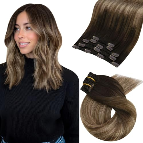 Moresoo Clip in Extensions Echthaar, Salon Qualität Weiches Glattes Haar 35 cm 5 Stück 80g Echthaar Extensions Clip in #4/10/16 Braun zu Braun mit Blond, Leicht zu Tragen Solide und Langlebig 14 Zoll