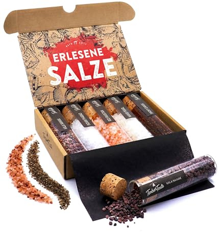 TIMBER TASTE® Salz Geschenkset Premium - 5 Gourmet Salze Kala Namak Pyramidensalz Steinsalz Rauchsalz Meersalz | Speisesalz Männergeschenke Feinkost | Gewürze Set Geschenkbox - Geschenke für Männer