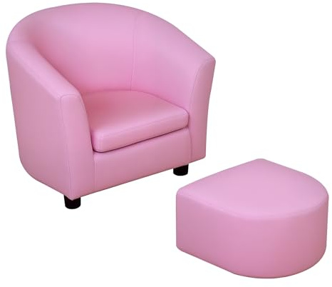 HOMCOM Children's Armchairs Toddler Chair Sofa Footstool 2-in-1 Design for Girls with Thick Padding, Anti-skid Foot Pads, Wood Frame, Pink