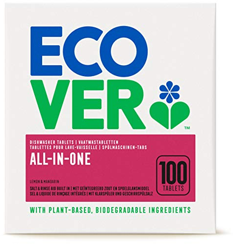 Ecover Spülmaschinentabs All-in-One, mit Geschirrspülsalz und Klarspüler, kraftvolle Reinigung, Mandarinen- & Zitronenduft, 100 Tabs Packung