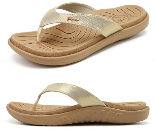 jiajiale Flip Flops Damen Mode Orthopädische Leder Stoff Leicht Zehentrenner Frauen Bequeme Yoga Fußbett Badelatschen Sommer Strand Rutschfest Feste Gummi Sohle Beige EU42