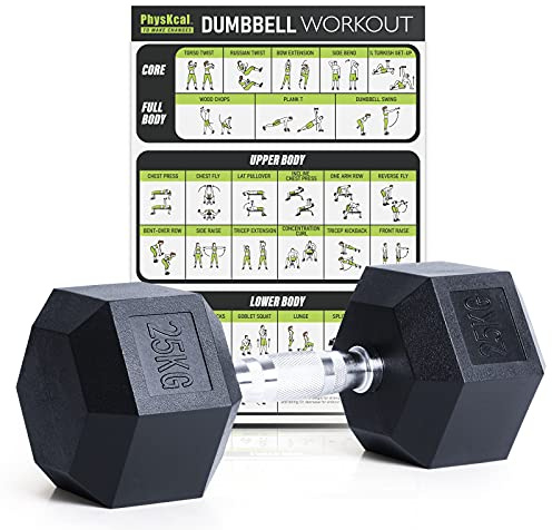 PhysKcal Poly-Gummi Sechskant-Hanteln, mit Gerändelter Griff| 2,5-30 kg | Als Paar oder Einzeln| Ideal für Cross-Training und im Fitnessstudio | Profi-Kurzhantel-Set für das Krafttraining zu Hause