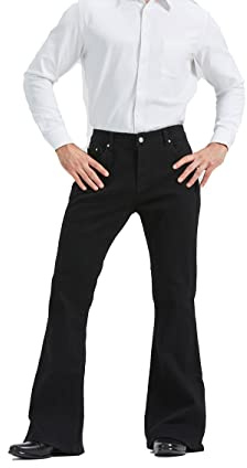 Herr avslappnad vintage 60-tal 70-tal klocka botten stretch passform klassisk komfort utsvängda utsvängningar retro ben disco denim jeans byxor, Svart, M