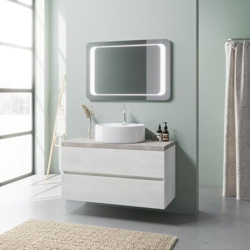Kiamami Valentina Mobile Bagno Sospeso 100 cm Rovere Bianco Top Beton Elba | Lavabo a ciotola ceramica, specchio led 90x60 cm, 2 cassetti soft close, base già assemblata