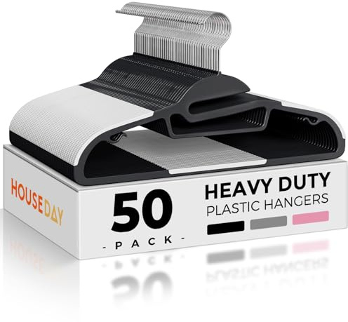 HOUSE DAY Black Plastic Hangers 50 Pack, Slim Space Saving, Non Slip Hangers with Rubber Pads, Sturdy Coat Hanger for Closet, S-Shaped Clothes Hanger for Shirt, Suit, Pant, Skirt