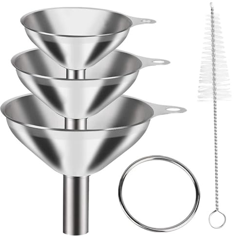 Edelstahl-Trichter, 3 Stück kleine Metalltrichter (7,5 cm + 5,5 cm + 4,5 cm) mit 1 Reinigungsbürsten-Set, Küchentrichter in Lebensmittelqualität zum Umfüllen von Flüssigkeiten, kleine Flaschen