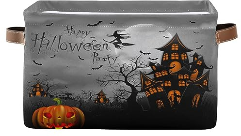 Halloween Spooky Witch Castle Storage Basket Fabric Kitchen Baskets Black Bat Ghost Pumpkin Open Home Storage Bins Boxes Foldable for Candy Toy Decorations Baskets 16×12×8 Inches