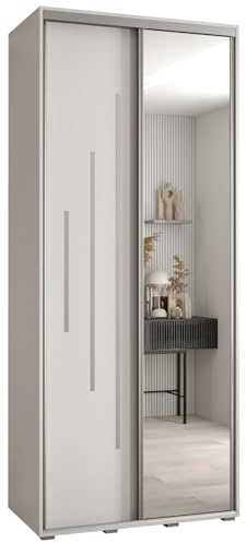 ABIKSMEBLE Davos 13 110 Armoire à Deux Portes Coulissantes pour Chambre à Coucher - Moderne Armoire de Rangement avec Miroir, Tringle et Étagères - 235,2 x 110 x 60 cm - Blanc Blanc Argent