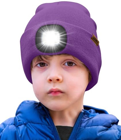 ATNKE Barn LED-upplyst mössa med ljus, uppladdningsbar USB 4 LED-löparmössa extremt ljus lampa vinter varm stickad mössa fantastiska presenter för pojkar och flickor, Inre lila, one size