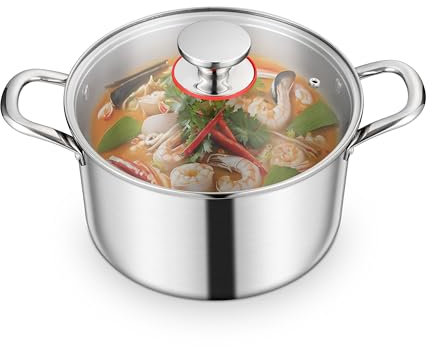 Homikit Kochtopf 22cm, 3-Lagen Suppentopf Induktion mit Glasdeckel, 4,7L Edelstahl Kochtöpfe Nudeltopf für alle Herdearten, Edelstahl Poliert & Unbeschichtet, Spülmaschinenfest
