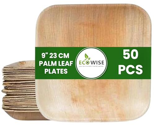 EcoWise 50 Palm Leaf Plates 9 Inch Square Eco-Friendly Biodegradable Compostable Bamboo Plates- Disposable Plates for Parties Picnic Perfect for Hot and Cold Food
