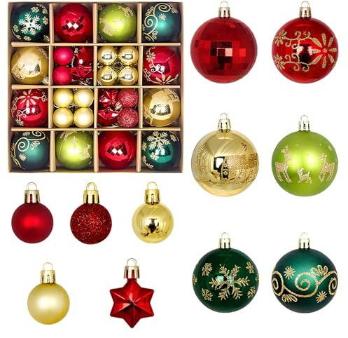 44 Piezas Bolas de Navidad - Rojo Verde Dorado - Navidad Esferas de Plastico, Decoración para Árboles de Navidad, Decoraciones Navideñas con Purpurina Brillante para Interiores o Exteriores