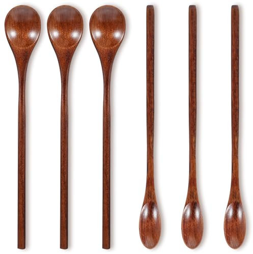 Dimeho Lot de 6 cuillères à café en bois, cuillère à mélanger à long manche, petite cuillère à café pour miel, ustensile en bois fait à la main, petit ensemble de dégustation pour confiture dessert