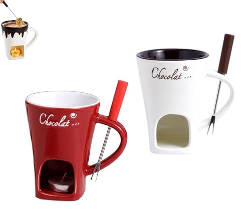 QingxingFa Lot De 2 Tasses À Fondue Au Chocolat Avec Fourchettes, Tasse À Chocolat Personnelle En Céramique Pour Fromage, Tasse À Chocolat Fondant, Tasse À Fondue Au Chocolat (Blanc+Rouge)
