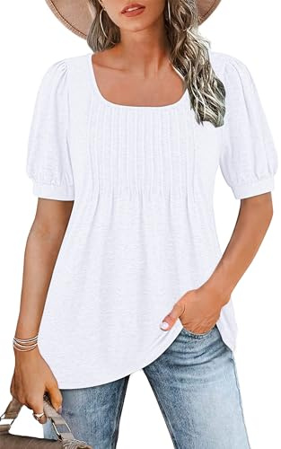 WNEEDU Camisetas Manga Corta Mujer Cuello Cuadrado Blusas Verano Elegantes | Tops Plisada Flowy T Shirt Camisa Suelto Informales