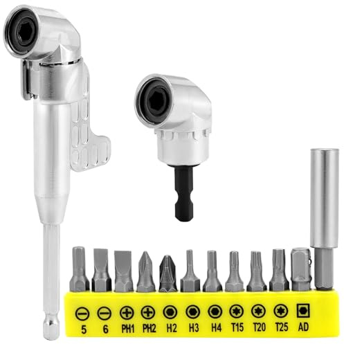 QWORK® 2 piezas Adaptador de destornillador en ángulo de 105° (largo + corto), eje hexagonal de 1/4 de pulgada, con 12 puntas de destornillador