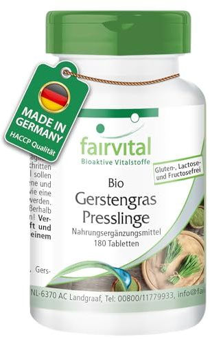 fairvital Comprimés d'herbe d'orge bio, 180 comprimés, haute biodisponibilité, qualité certifiée et hautement dosés, 100% végétaliens, fabriqués en Allemagne
