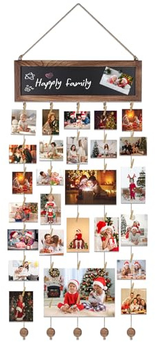 GEOKILO Hanging Photo Display Board, DIY Wood Picture Frames Collage with 30 Clips & 3 Magnetic Stickers and 1 Blackboard, Photo Wall Display Suitable for Home Decoration Parties, Birthdays, Gifts