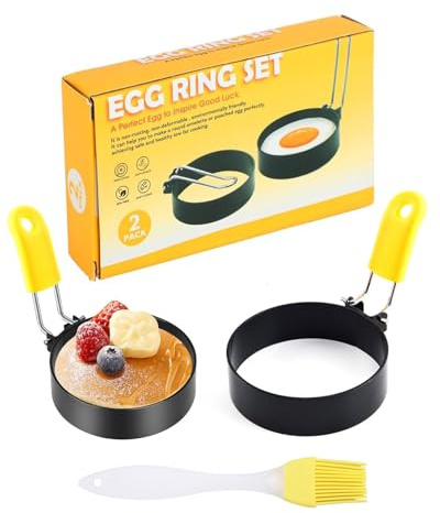 JUKOTA 2 Piezas Moldes para Huevos Fritos, Antiadherente Molde para Huevos Fritos Anillos de Huevo con Mango Plegable Molde Huevos Fritos con Pinceles para Cocinar Huevos Fritos Panqueques Omelettes