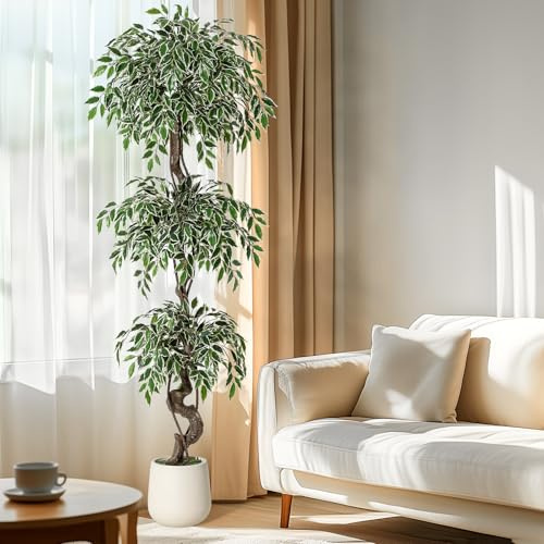 Garvee Kunstpflanze Ficus Baum,Der Gebogene Baumstamm,180 cm Künstliche Pflanzen Groß Mit Weiß Topf, Kunstbaum Für Innendekor Wohnzimmer Schlafzimmer Büro GartenHaus Decor
