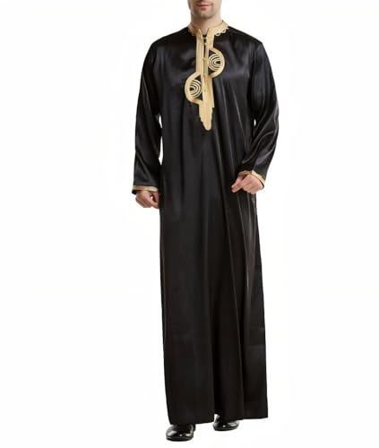 Robe Qamis Traditionnel Homme – Vêtement Musulman Caftan Djellaba Abaya (Noir et Or, L)