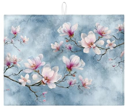 Floral Dish Drying Mats For Kitchen Counter, Vintage Blue Floral Absorbent Dish Drainer Rack Mat, Artistic Microfiber Drying Pad For Kitchen Counter Coffee Bar Protector 18x24 Inch
