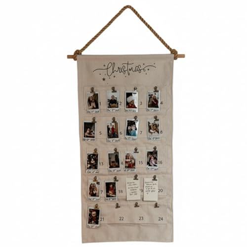 Calendario dell'Avvento per foto, riutilizzabile da appendere, in tela, conto alla rovescia a Natale, con 24 tasche e clip, espositore da parete per decorazioni fai da te per ricordi di vacanza (1