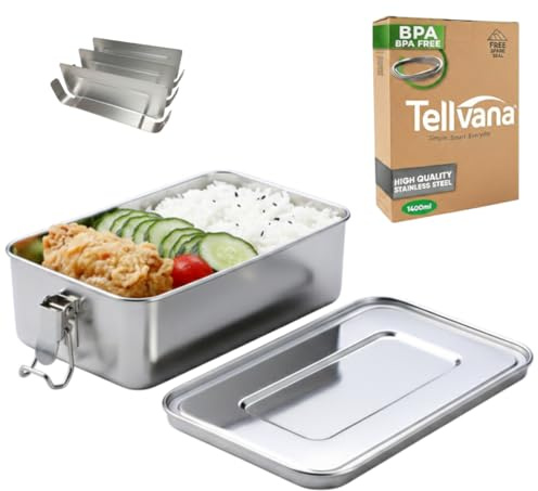 Tellvana 1400ml Stainless Steel Bento Lunch Box - Large 3 Compartment Metal Food Container for Adults & Kids - Leakproof, Eco-Friendly, BPA-Free, Dishwasher Safe, Plastic-Free & Office Meal Prep
