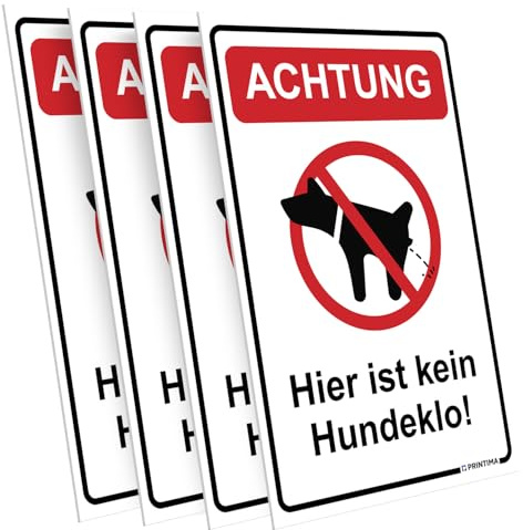 PRINTIMA 4x Schild ACHTUNG – Hier ist kein Hundeklo! 21x32 cm aus PVC + Montagedübel – wetterfestes Warnschild zur Grundstücks-Kennzeichnung gegen Hundekot & Verunreinigung