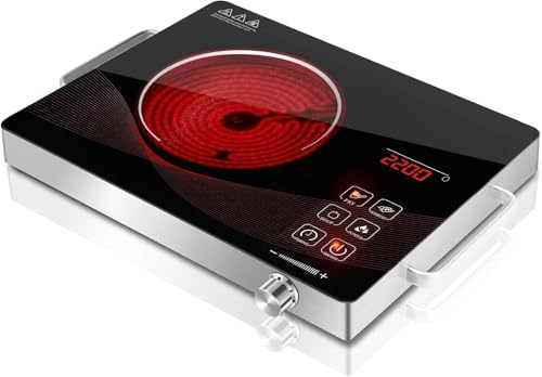 Don Feliz Placa Vitrocerámica Portátil 2200W, Mando Giratorio, Acero Inoxidable y Vidrio, Negro, 360x280x75mm, Compatible con Todas las Sartenes