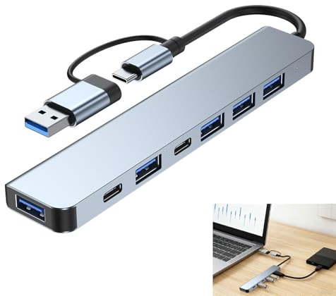 7-i-2 USB C-hubb, multiport USB C-adapter, med USB 3.0, USB 2.0, typ-C OTG-dataport, USB-splitter för Air Pro, iPad, Windows-bärbar dator, förlängningsportar, aluminium