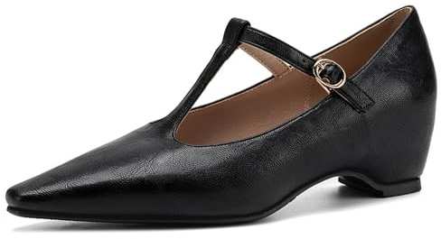 Dam Avsmalnande Toe Kortskor T-rem Mellanklackspänne Mary Jane eleganta Microfiber Pumps för kontor och möten, Svart, 36 EU