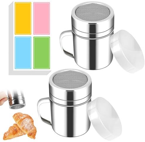 YALiya 2 stycken florsockerströare, pulversockerkvarn, täckt mjölsil med lock och handtag etikettpapper 40 klistermärken, perfekt för kakao, kaffe, salt, florsocker, choklad, socker, mjöl