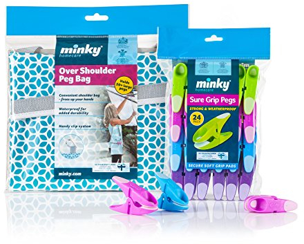 Minky Over Shoulder Peg Bag and Peg Bundle, Waterproof Peg Bag with Carabiner Clip & Adjustable Strap, 24 Strong & Weatherproof Sure Grip Pegs, Outdoor Laundry Bundle