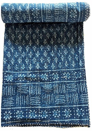 Sophia-Art Indisches Kantha-Steppdecke, handgeblockt, ländliches Muster, Baumwolle, Patchwork-Tagesdecke, Blau
